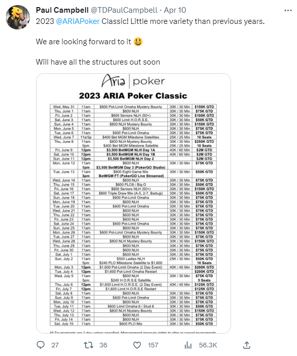 2023 Aria Poker Classic Schedule Released